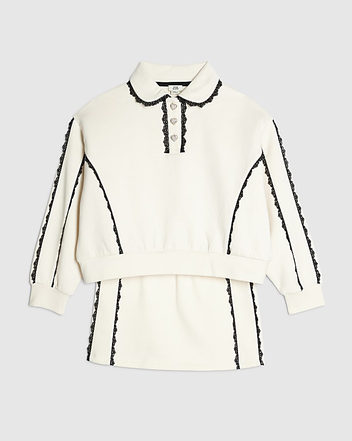Girls Cream Lace Trim Skirt & Sweatshirt Set
