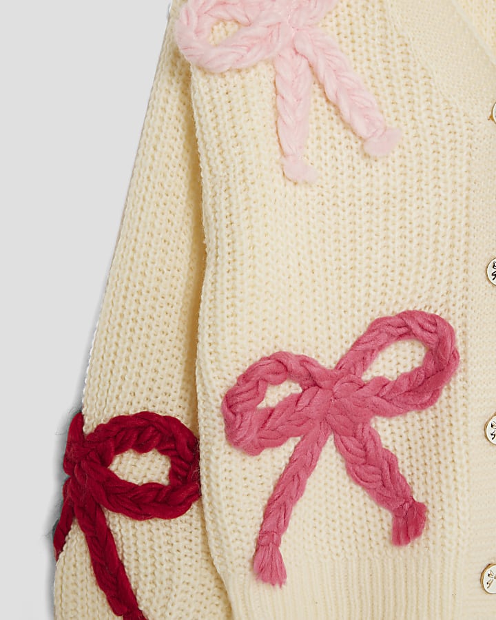 Mini Girls Cream 3D Bow Cardigan