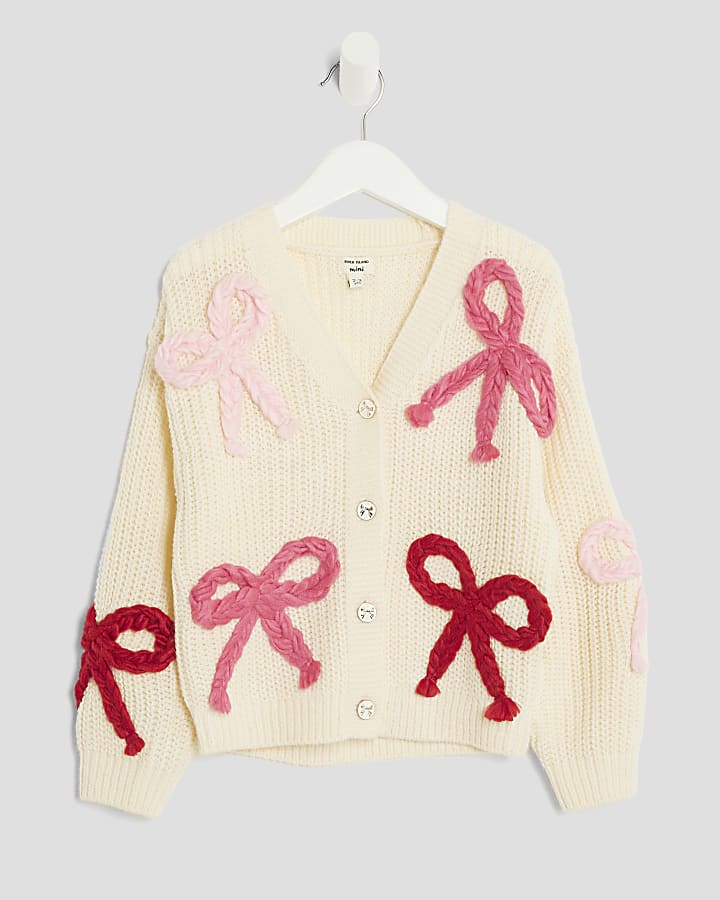 Mini Girls Cream 3D Bow Cardigan