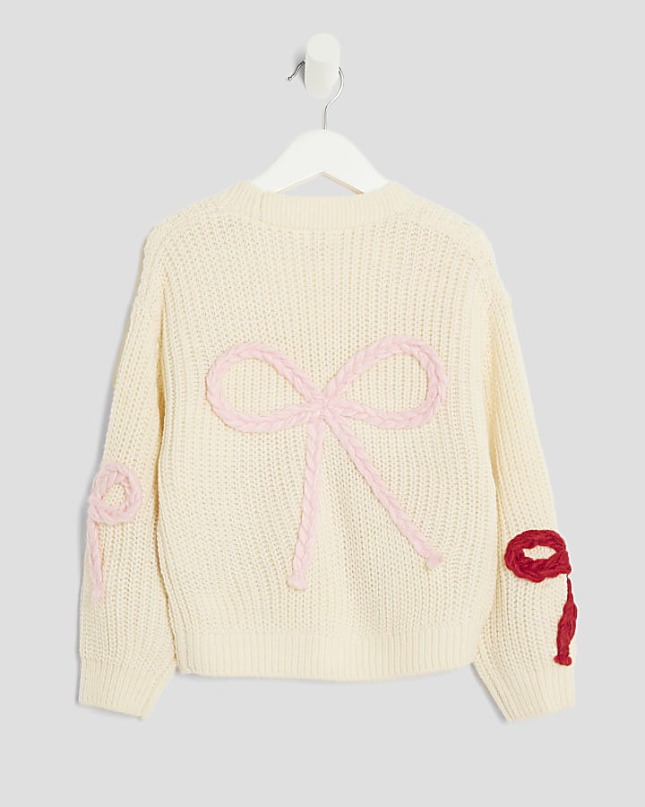 Mini Girls Cream 3D Bow Cardigan