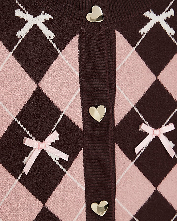 Girls Pink Argyle Print Cardigan Set