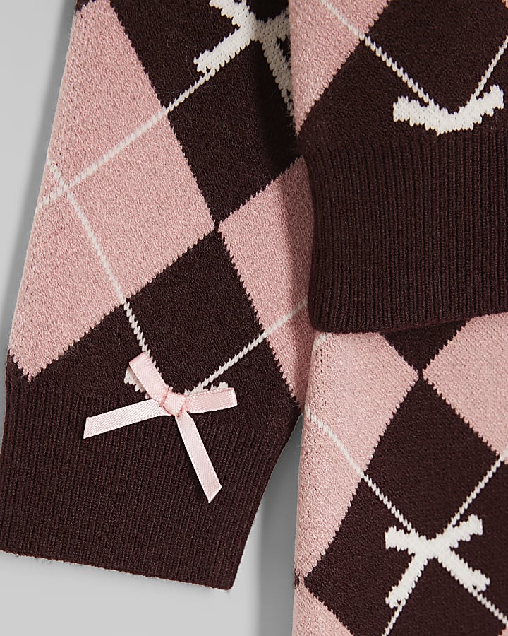 Girls Pink Argyle Print Cardigan Set