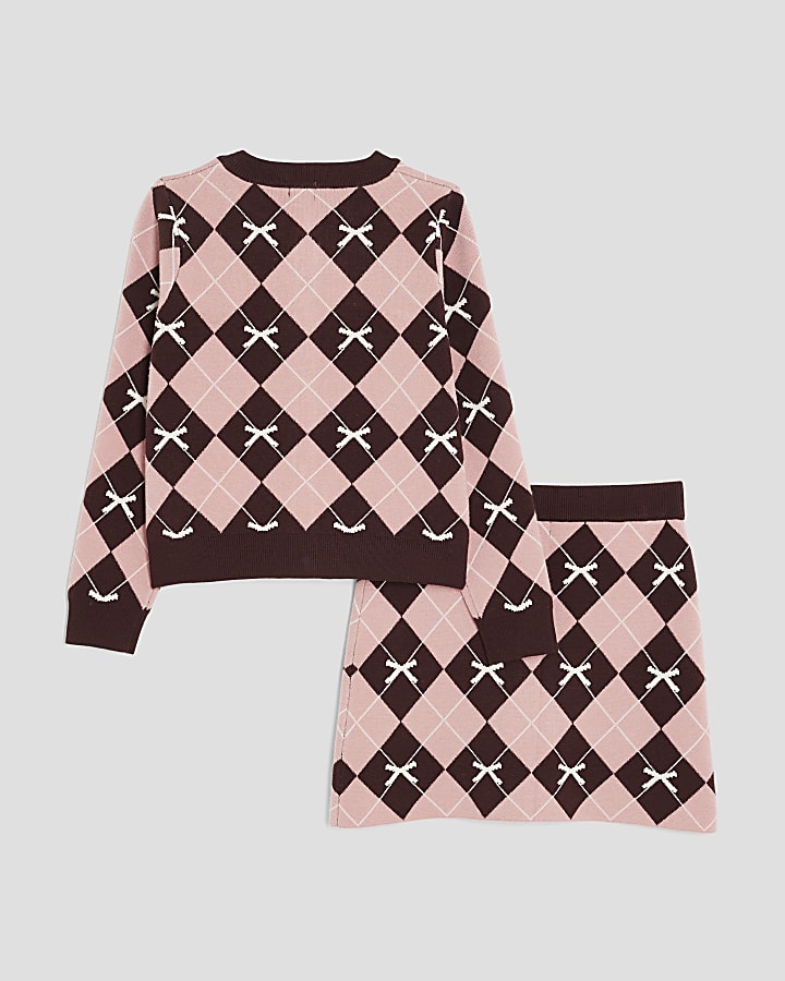 Girls Pink Argyle Print Cardigan Set