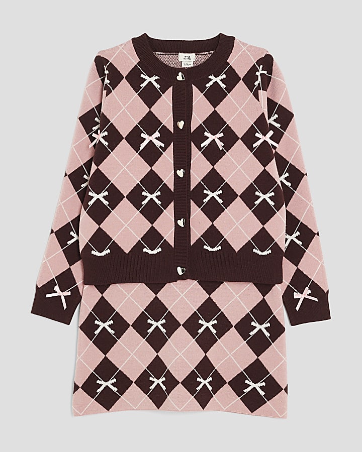 Girls Pink Argyle Print Cardigan Set