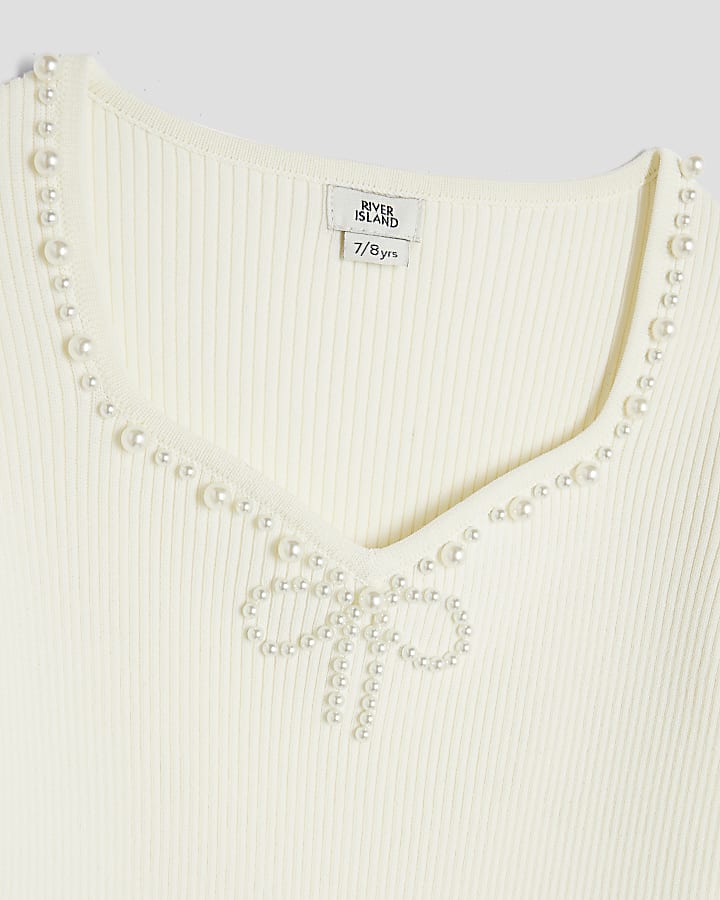 Girls Cream Pearl Embellished Long Sleeve Top