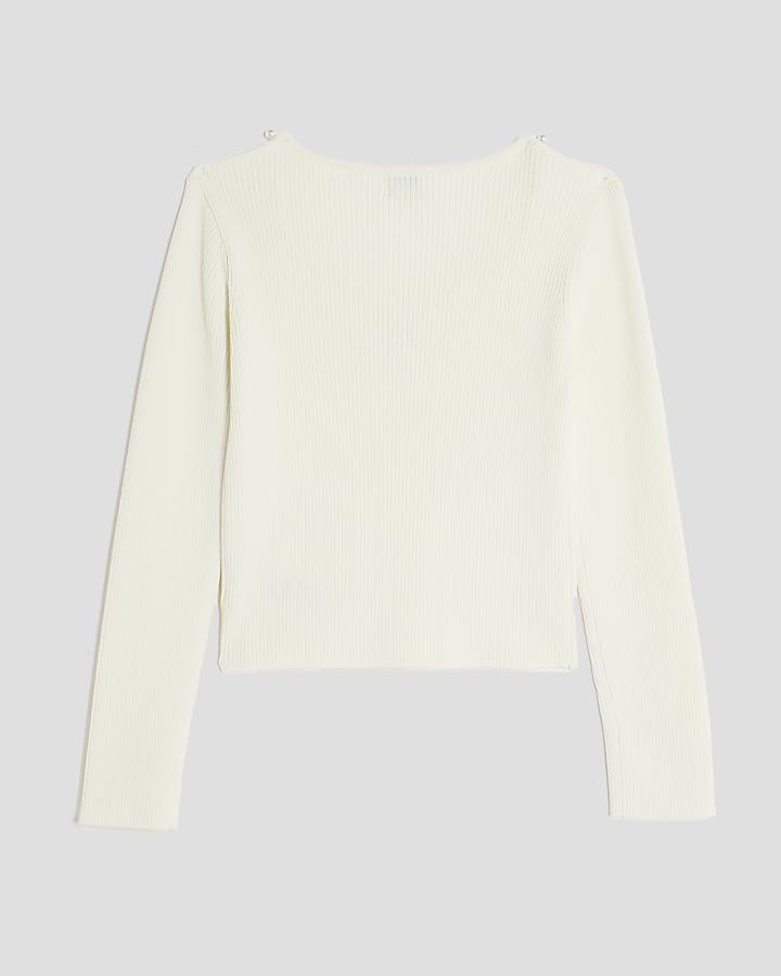 Girls Cream Pearl Embellished Long Sleeve Top