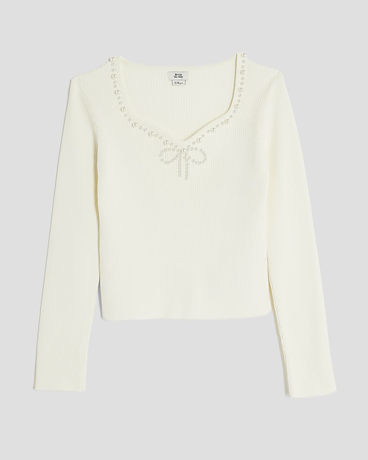 Girls Cream Pearl Embellished Long Sleeve Top