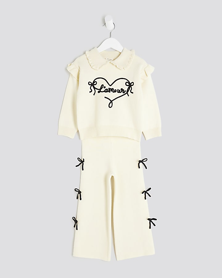 Mini Girls Cream Intarsia Top & Trousers Set