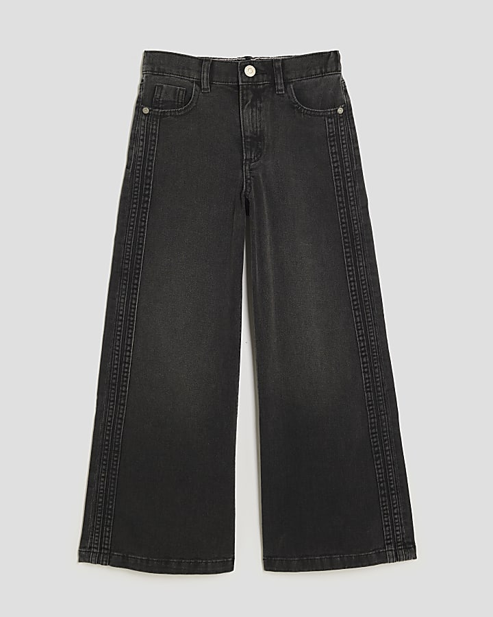 Girls Black Pull On Wide Leg Jeans