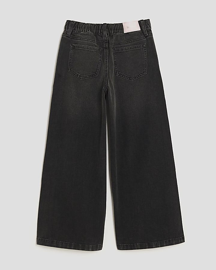 Girls Black Pull On Wide Leg Jeans