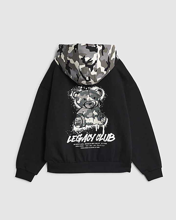 Boys Black Camo Bear Hoodie