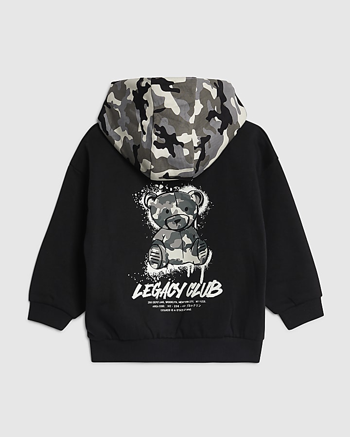 Mini Boys Black Camouflage Bear Hoodie