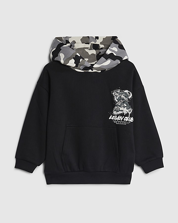 Mini Boys Black Camouflage Bear Hoodie
