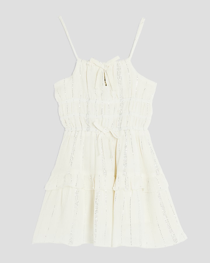 Mini Girls White Tiered Shimmer Beach Dress