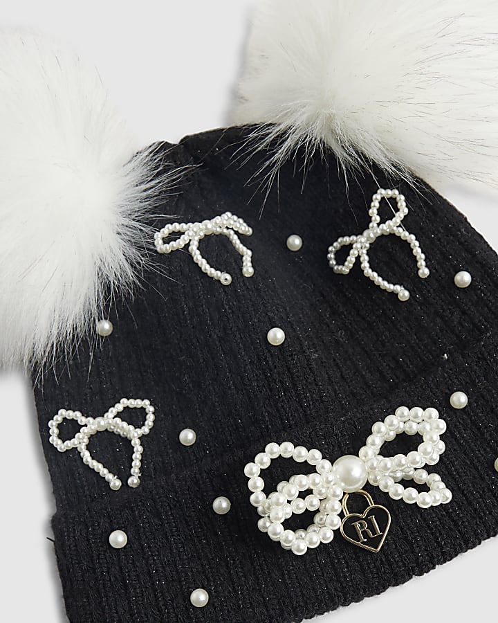 Girls Black Pearl Bow Beanie Hat