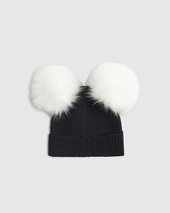 Girls Black Pearl Bow Beanie Hat