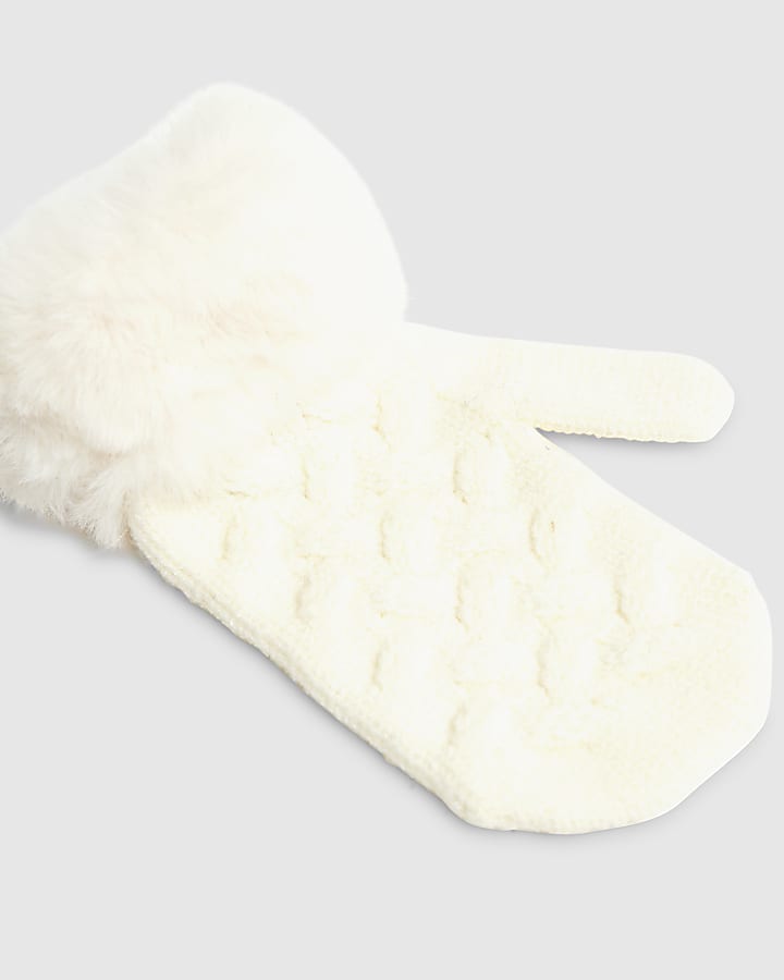 Mini Girls Cream Knitted Fur Bow Gloves