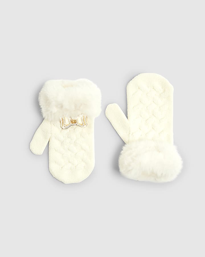 Mini Girls Cream Knitted Fur Bow Gloves