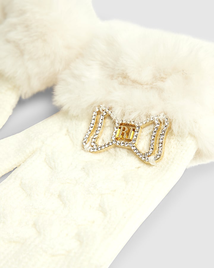 Mini Girls Cream Knitted Fur Bow Gloves