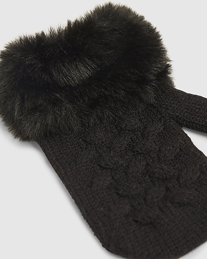 Mini Girls Black Fur Cuff Mittens