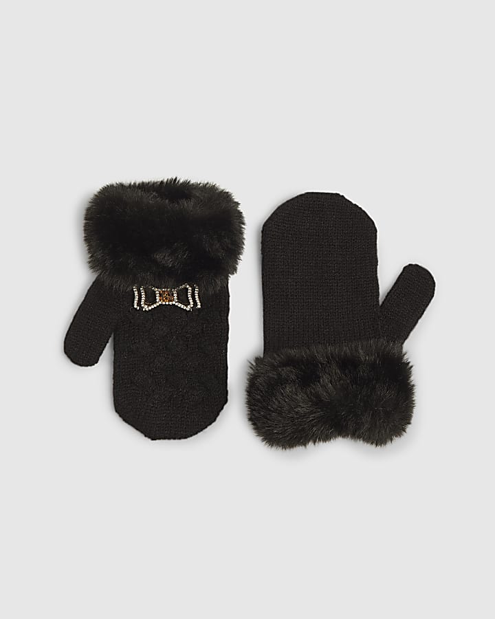 Mini Girls Black Fur Cuff Mittens