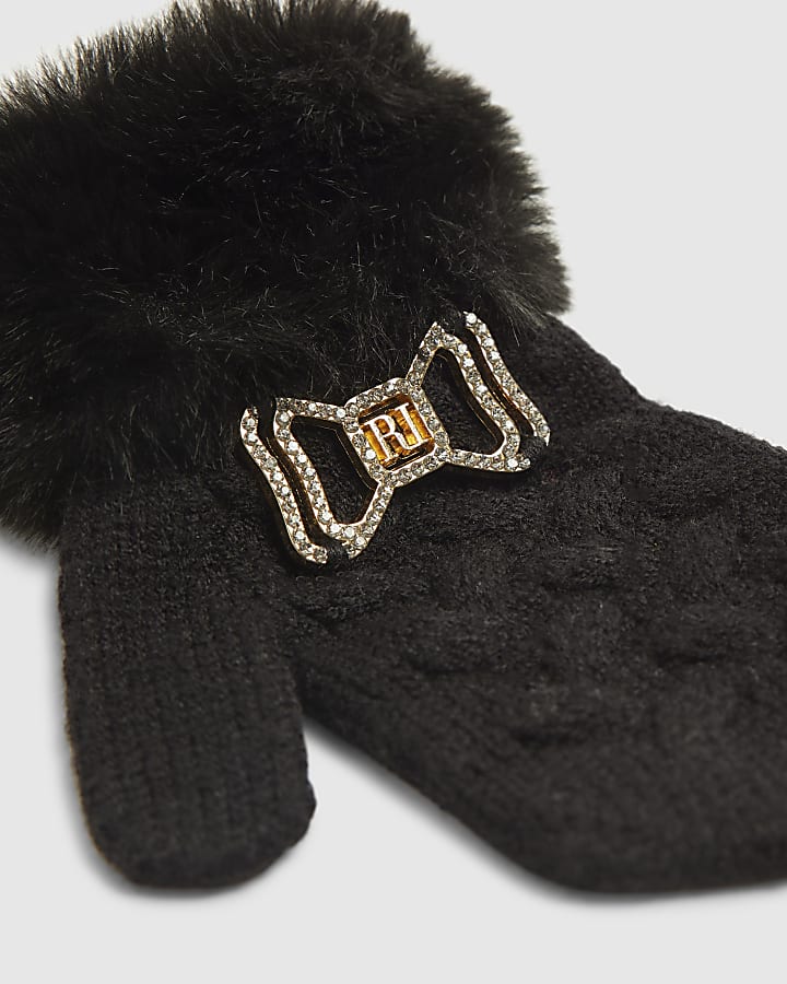 Mini Girls Black Fur Cuff Mittens