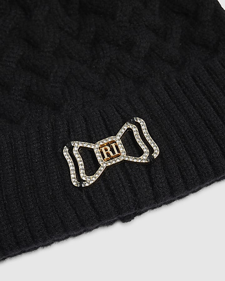 Mini Girls Black Double Pom Beanie