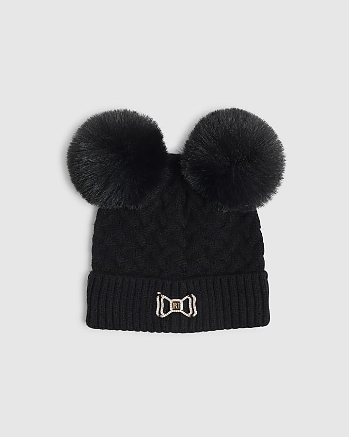 Mini Girls Black Double Pom Beanie