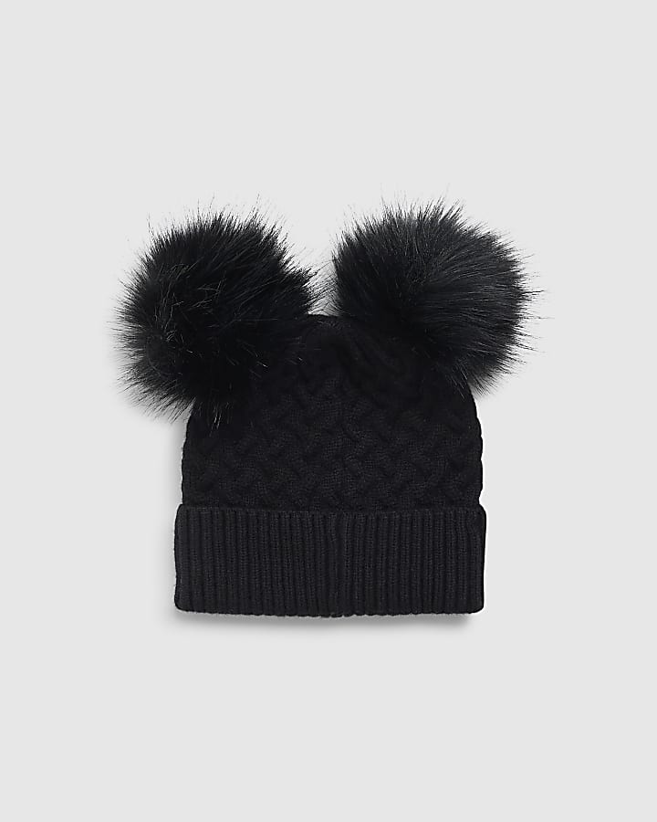Mini Girls Black Double Pom Beanie