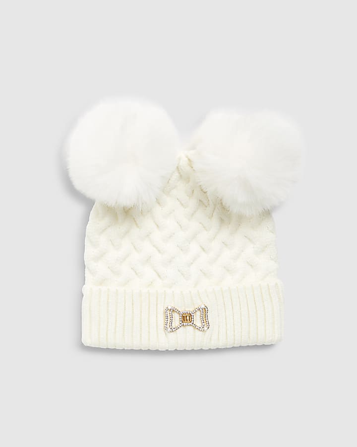 Mini Girls Black Double Pom Beanie