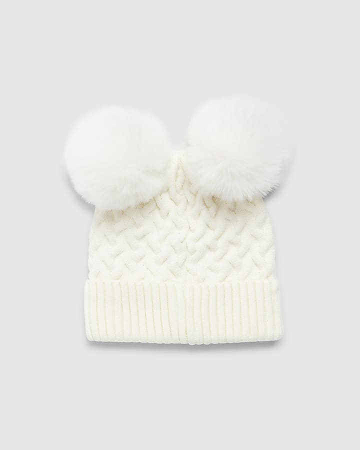 Mini Girls Black Double Pom Beanie