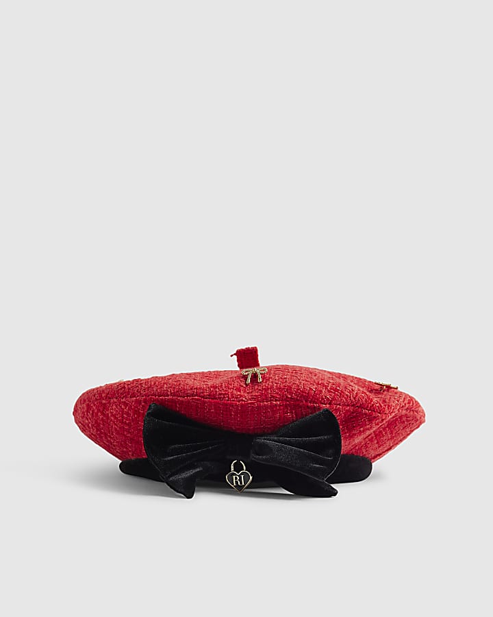 Girls Red Bow Boucle Beret