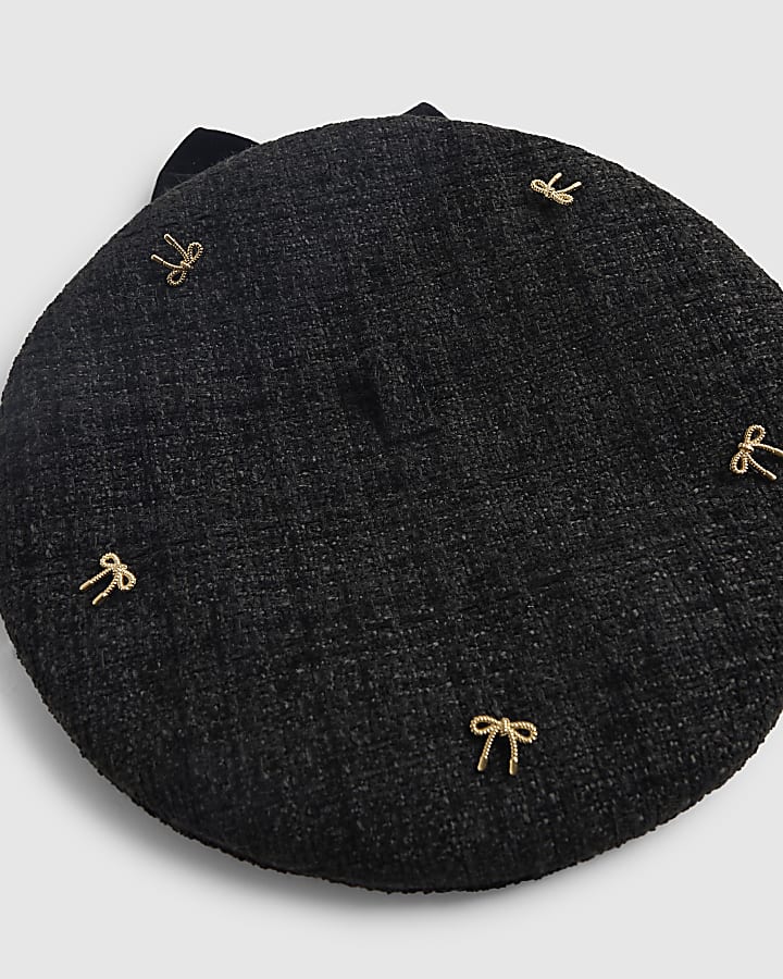 Girls Black Bow Boucle Beret