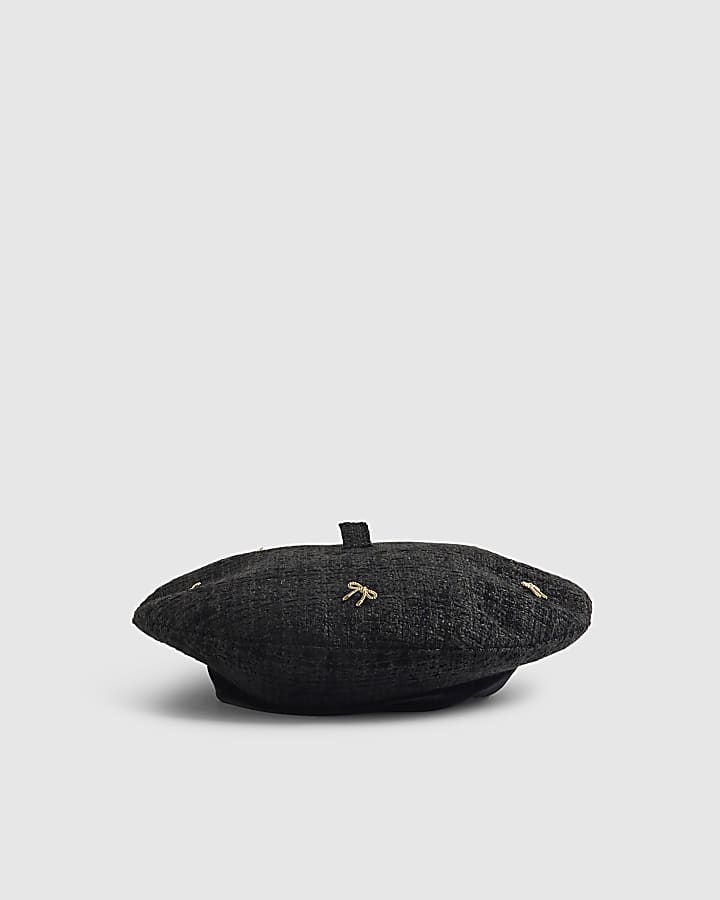 Girls Black Bow Boucle Beret