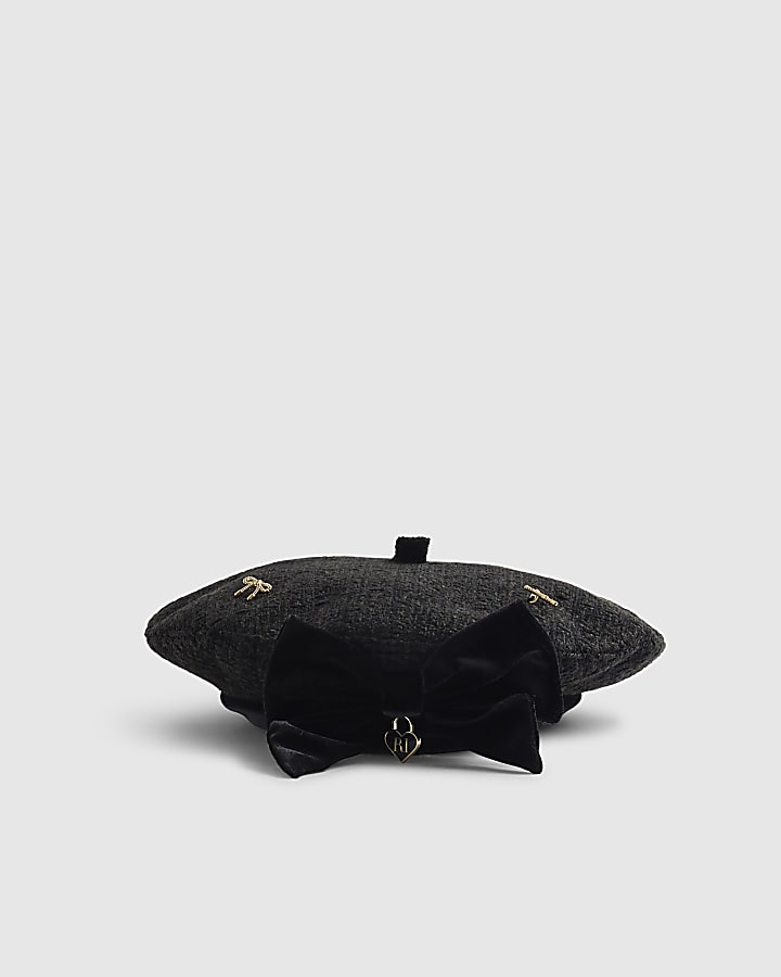 Girls Black Bow Boucle Beret