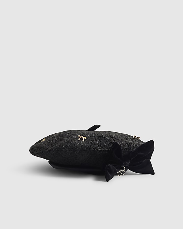 Girls Black Bow Boucle Beret