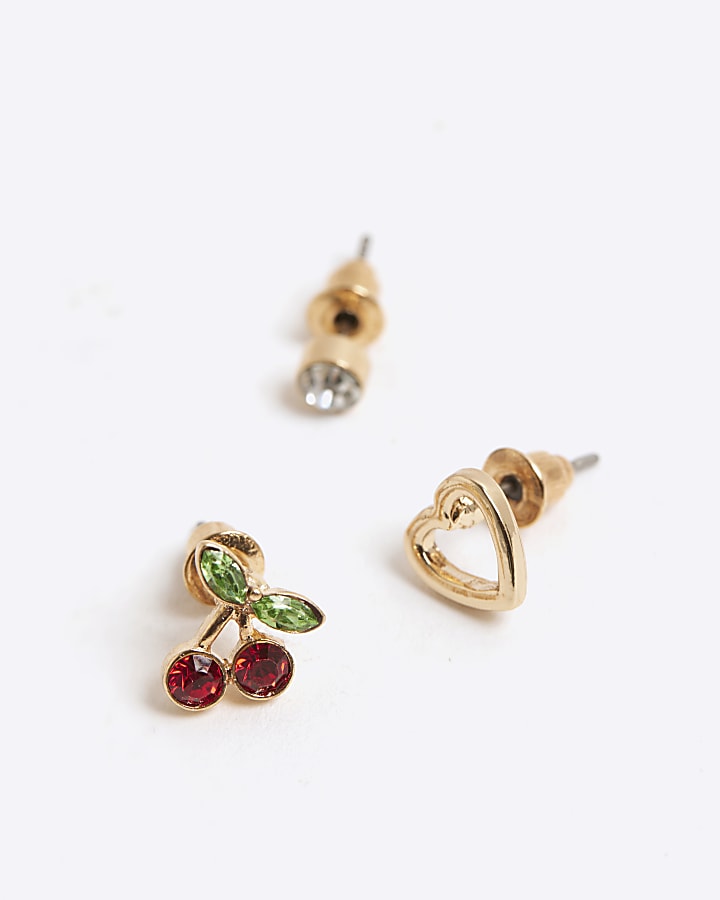 Girls Red Cherry Pack Of 3 Stud Earrings