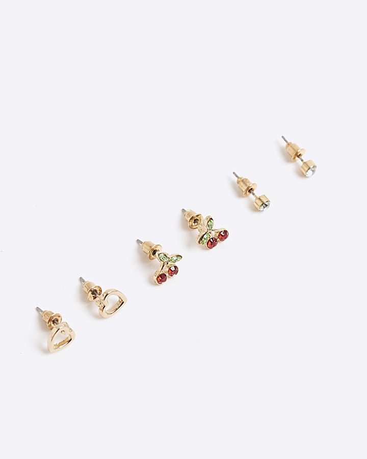 Girls Red Cherry Pack Of 3 Stud Earrings