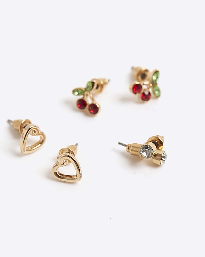 Girls Red Cherry Pack Of 3 Stud Earrings
