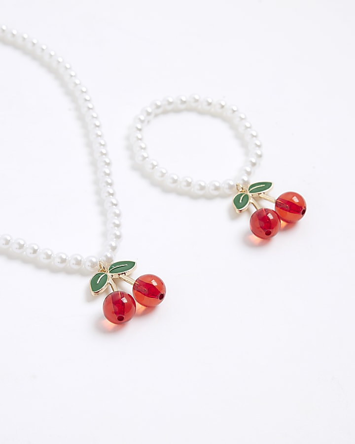 Girls Red Pearl Cherry Necklace and Bracelet