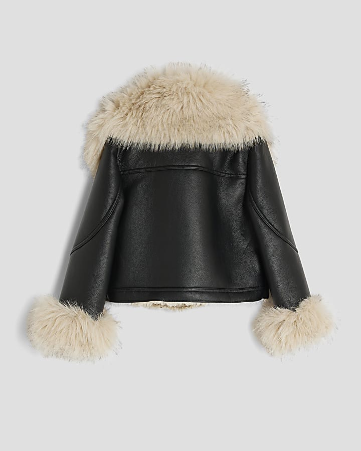 Girls Black Faux Fur Biker Jacket
