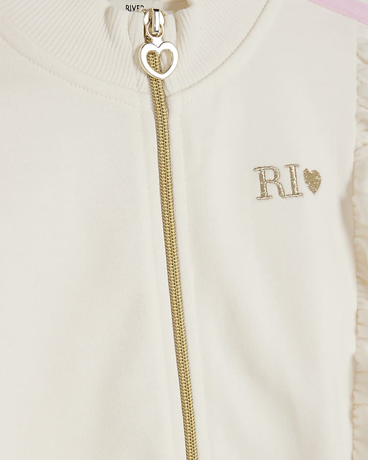 Girls Cream Frilled Taped Tracksuit Set