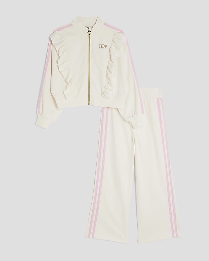 Girls Cream Frilled Taped Tracksuit Set