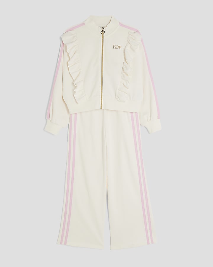 Girls Cream Frilled Taped Tracksuit Set