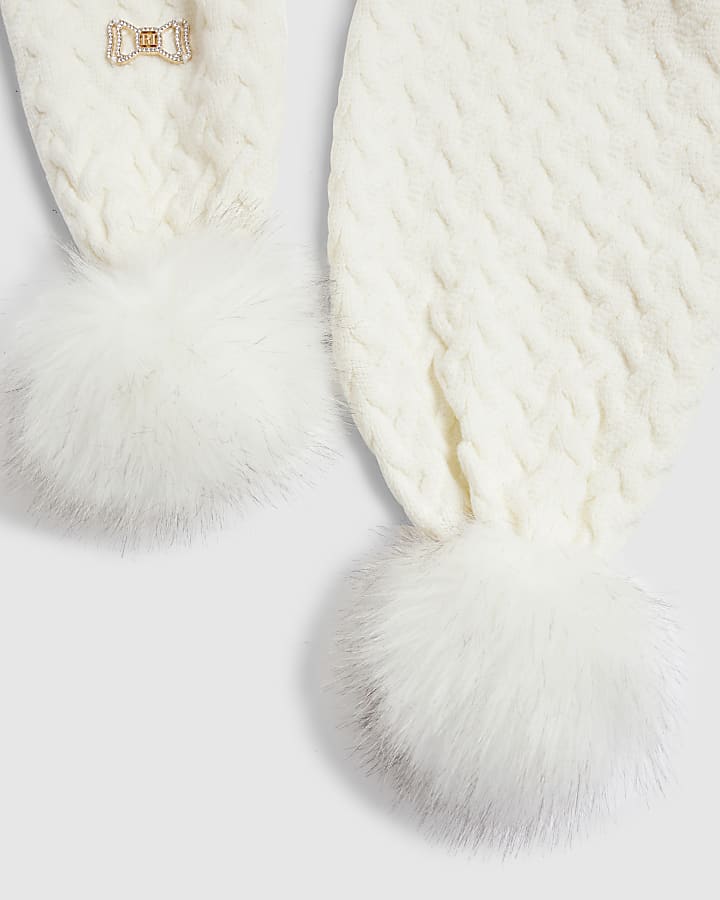Girls Cream Knitted Pom Pom Scarf