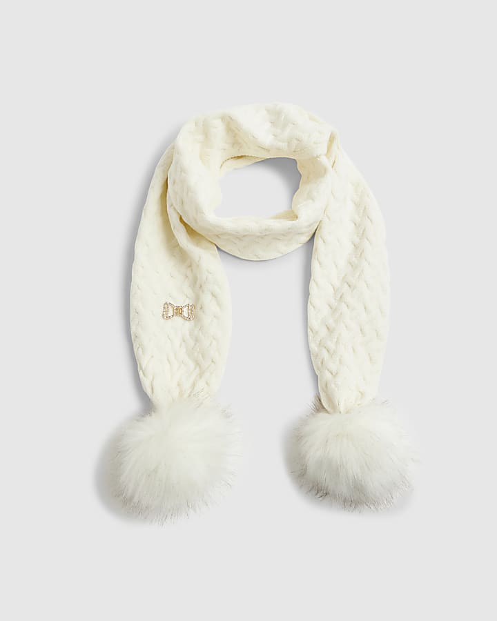 Girls Cream Knitted Pom Pom Scarf