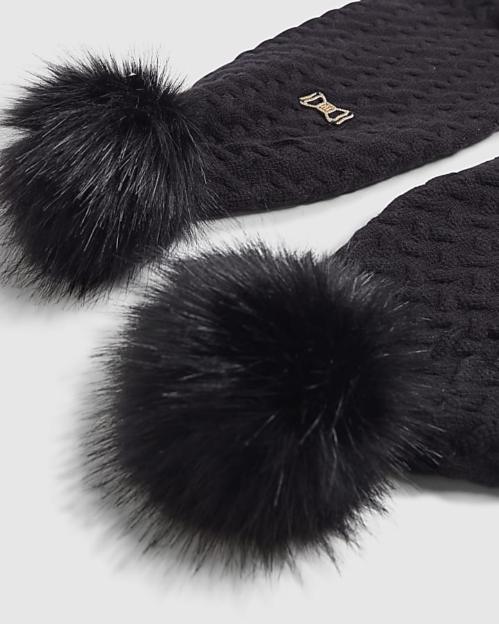 Girls Black Knitted Pom Pom Scarf