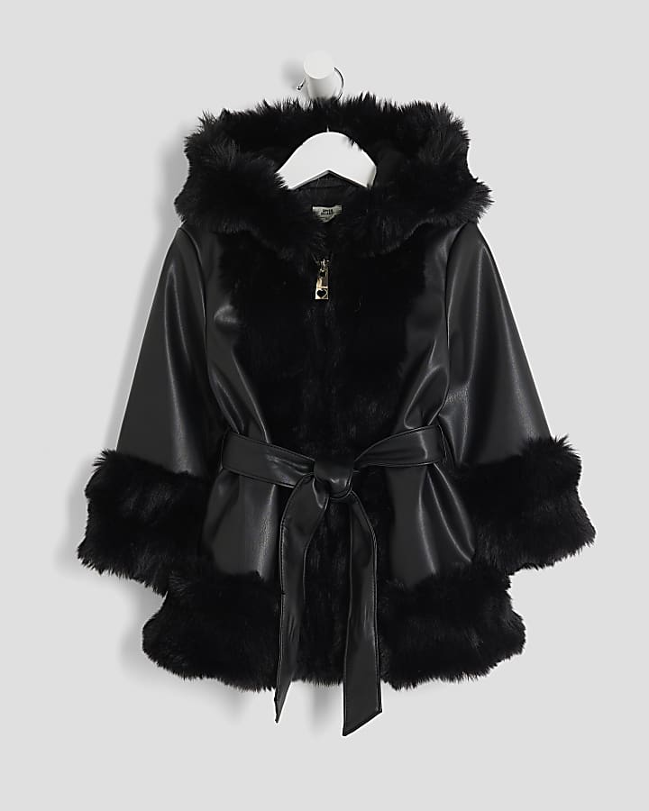 Mini Girls Black Faux Fur Wrap Hooded Coat
