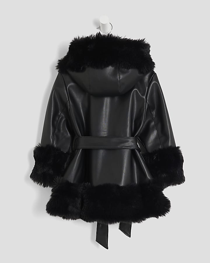 Mini Girls Black Faux Fur Wrap Hooded Coat