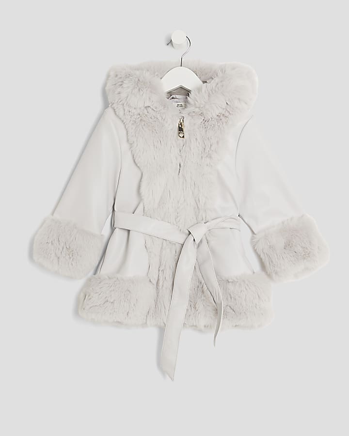 Mini Girls Grey Faux Fur Wrap Hooded Coat